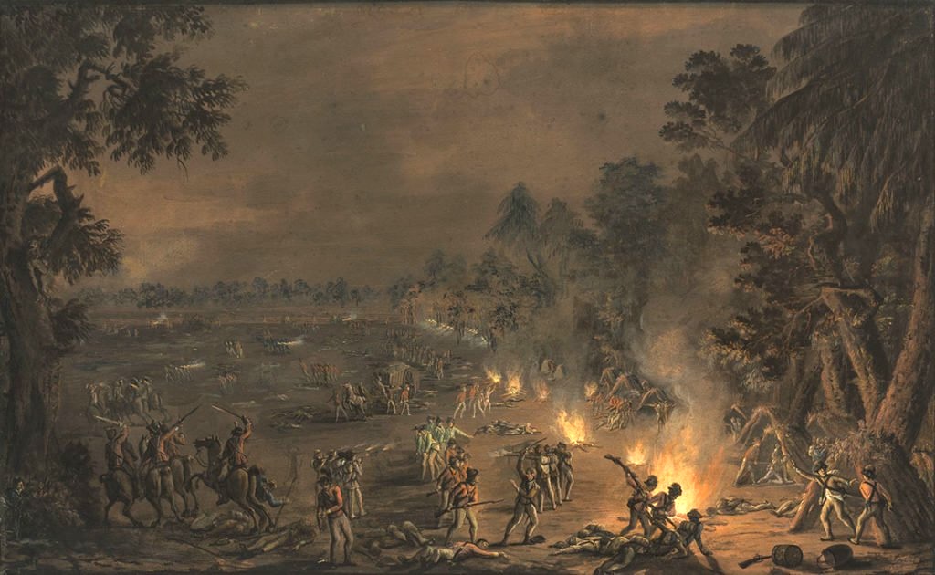 Painting depicts the Battle of Paoli, one of the bloodiest battles of the American Revolutionary War. 